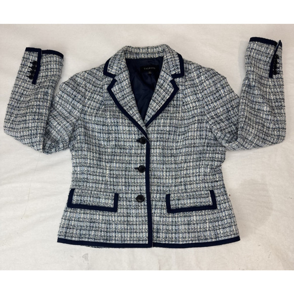 Talbots Women's Navy Blue Tweed Blazer Academia Preppy Plaid Pockets Women's 8 - Picture 2 of 8